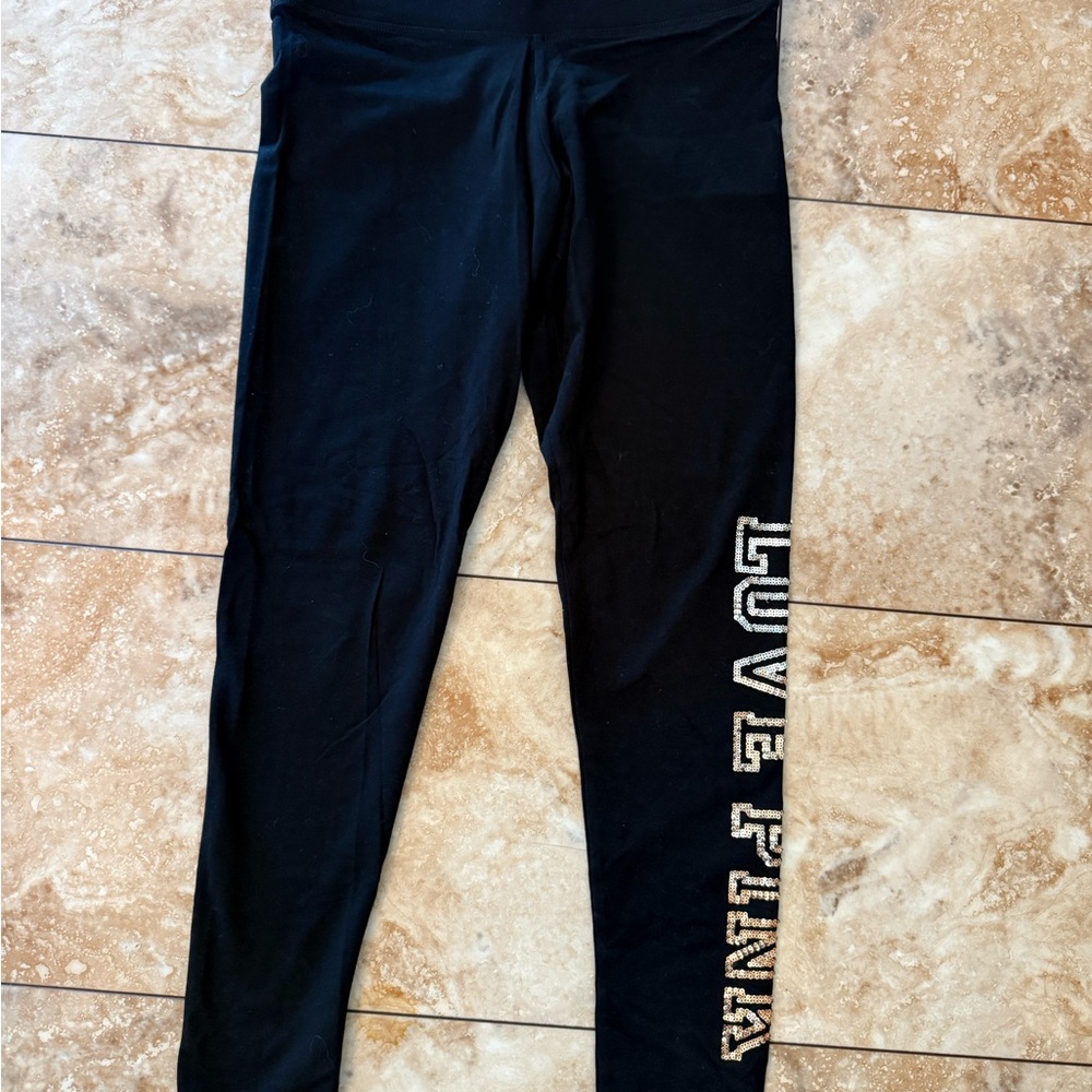 PINK Victoria's Secret Black Leggings with rose gold 'LOVE PINK' Side Detail